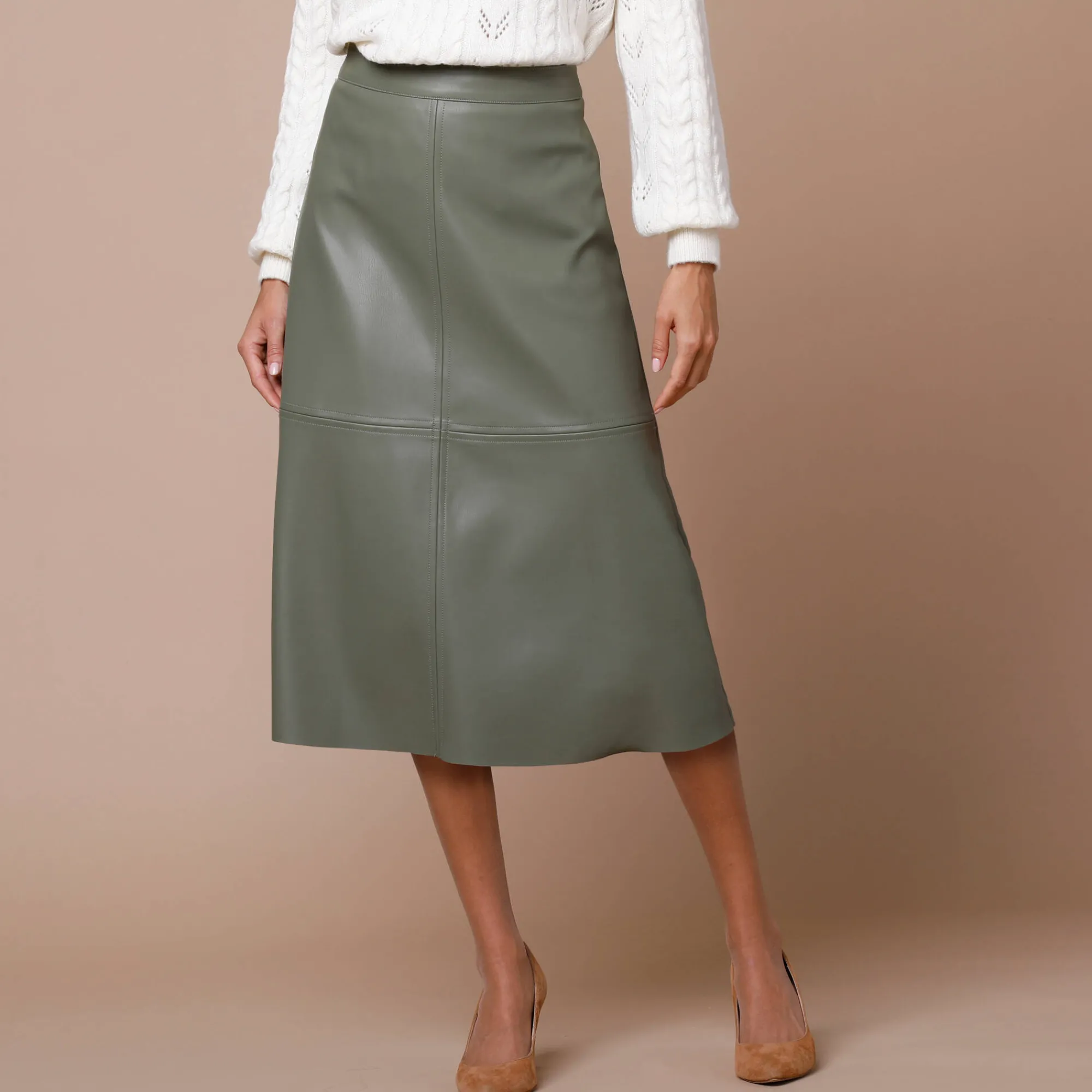 Rok<Lora Zellini Halflange, uitlopende rok, gecoat aspect kaki