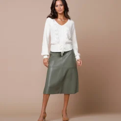 Rok<Lora Zellini Halflange, uitlopende rok, gecoat aspect kaki
