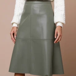 Rok<Lora Zellini Halflange, uitlopende rok, gecoat aspect kaki