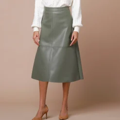 Rok<Lora Zellini Halflange, uitlopende rok, gecoat aspect kaki