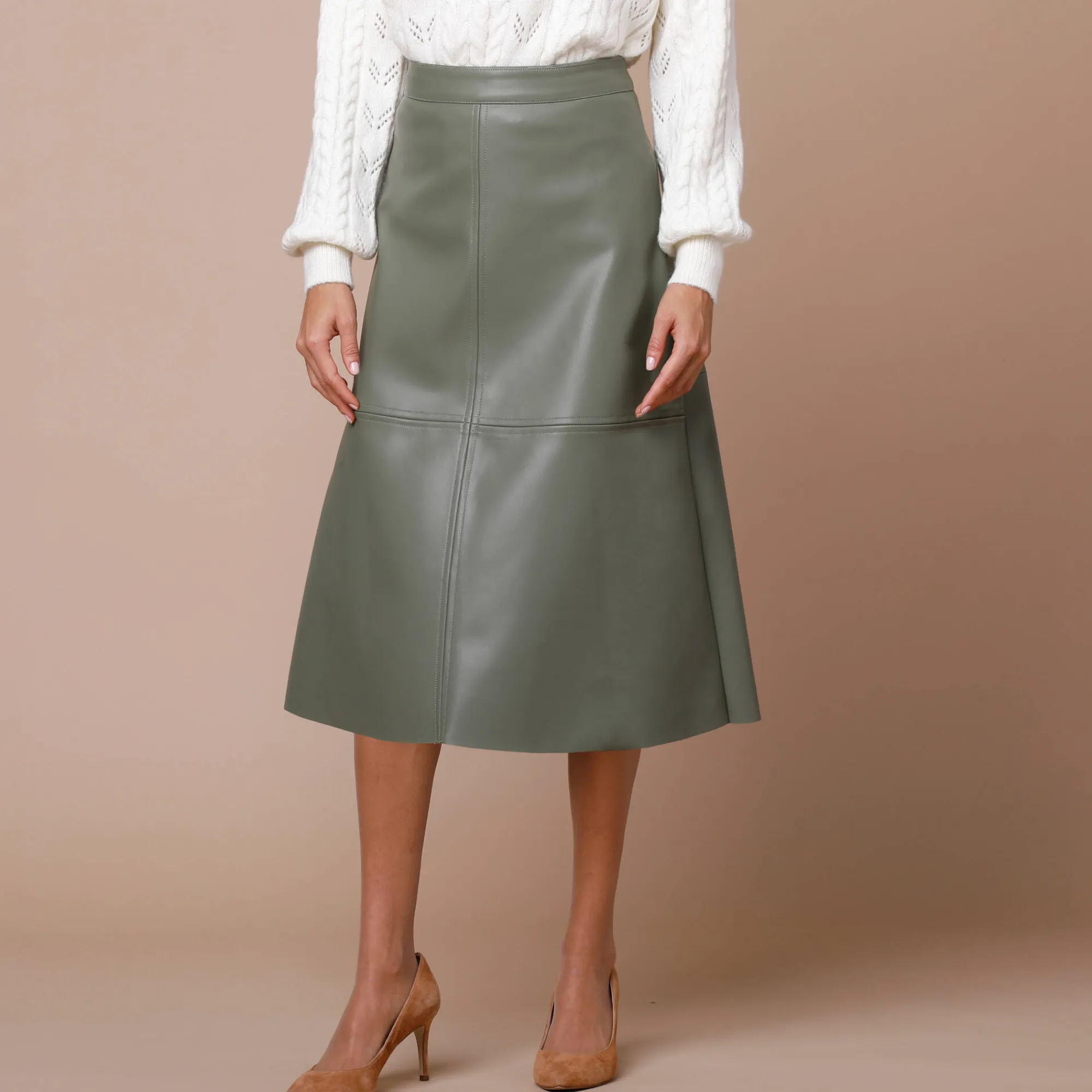 Rok<Lora Zellini Halflange, uitlopende rok, gecoat aspect kaki