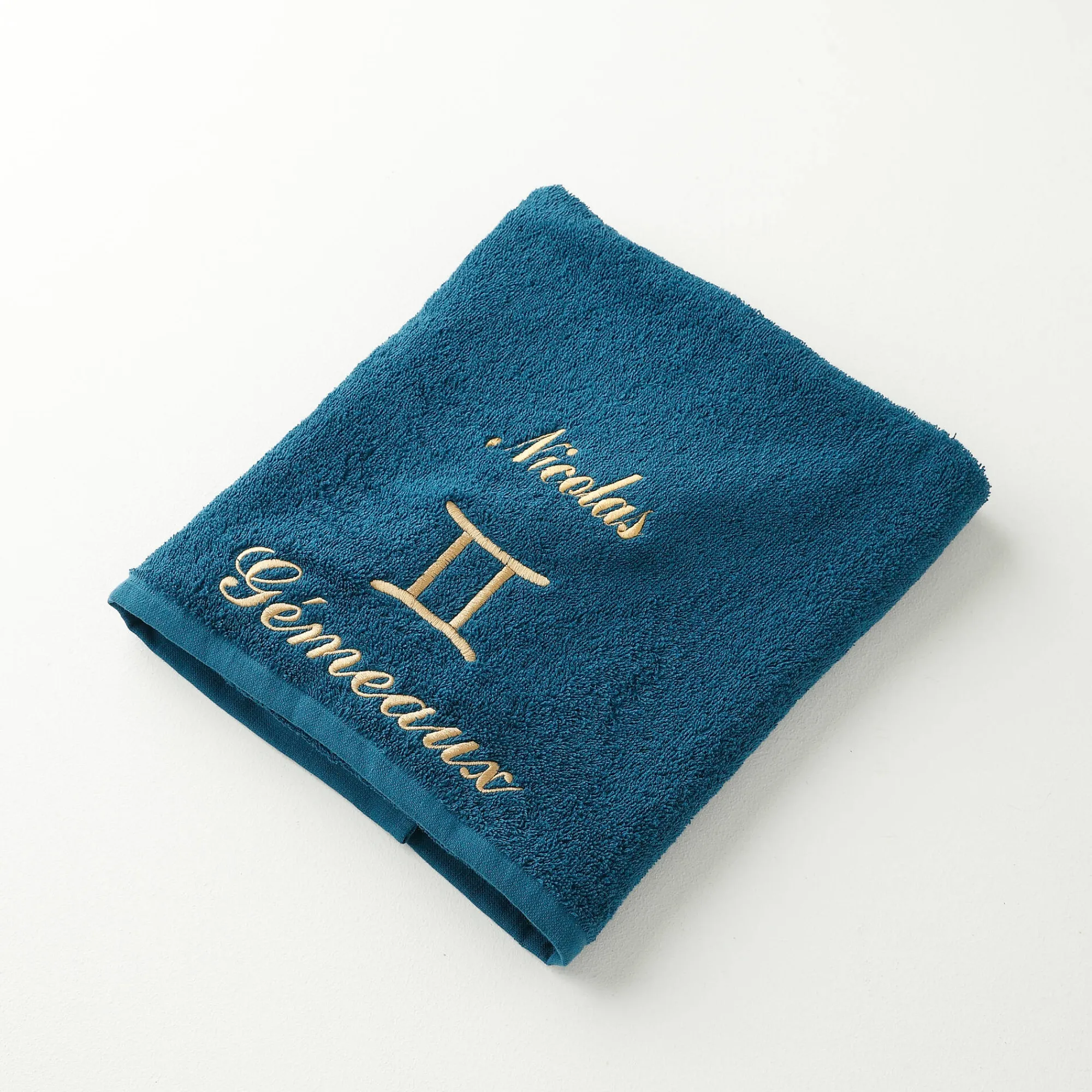 Badhanddoek<Blancheporte Handdoeken met "Gémeaux" borduursel, personaliseerbaar - 420 g/m2 pauwblauw