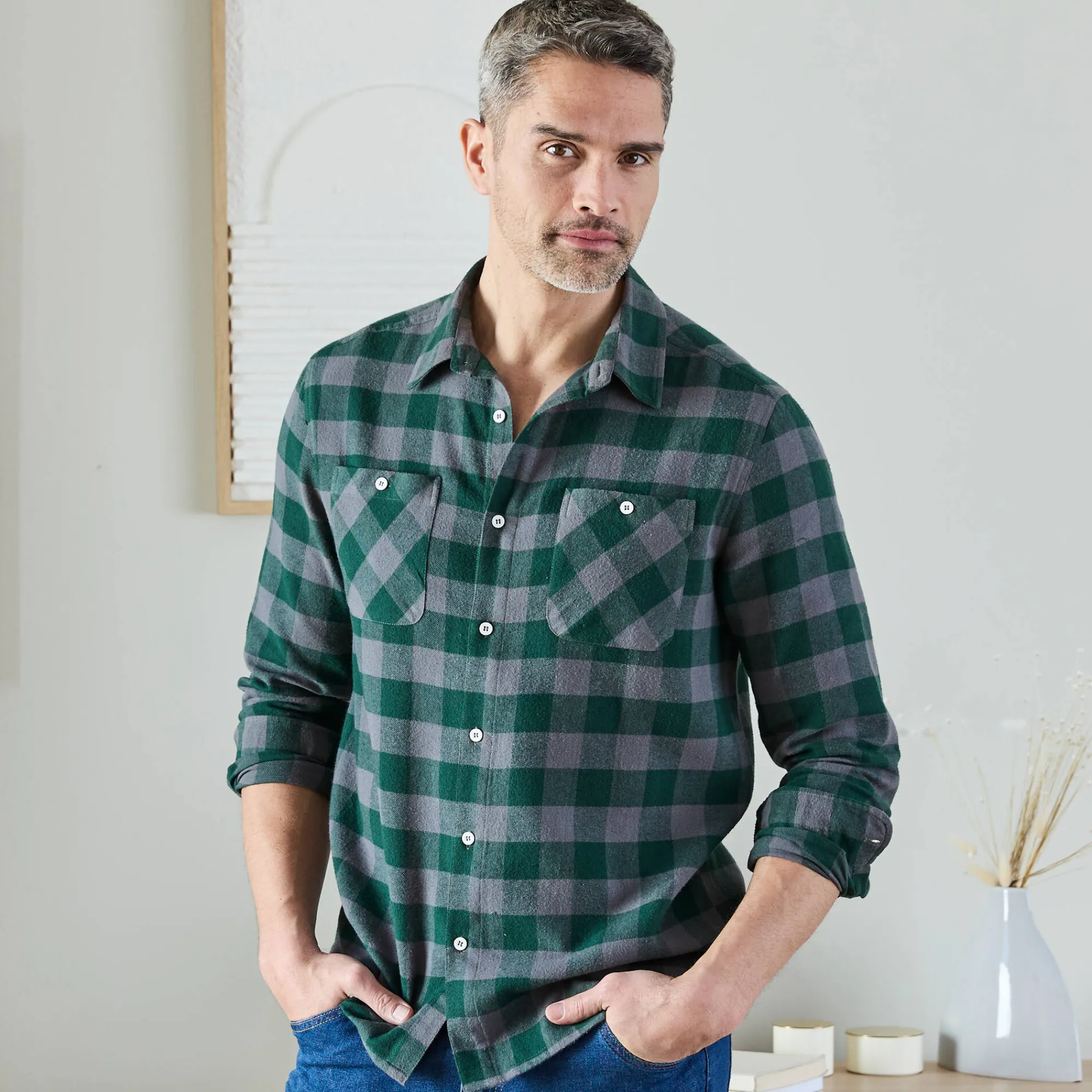T-Shirt, Hemd En Polo<Blancheporte Hemd in flanel met Schotse ruiten groen / grijs
