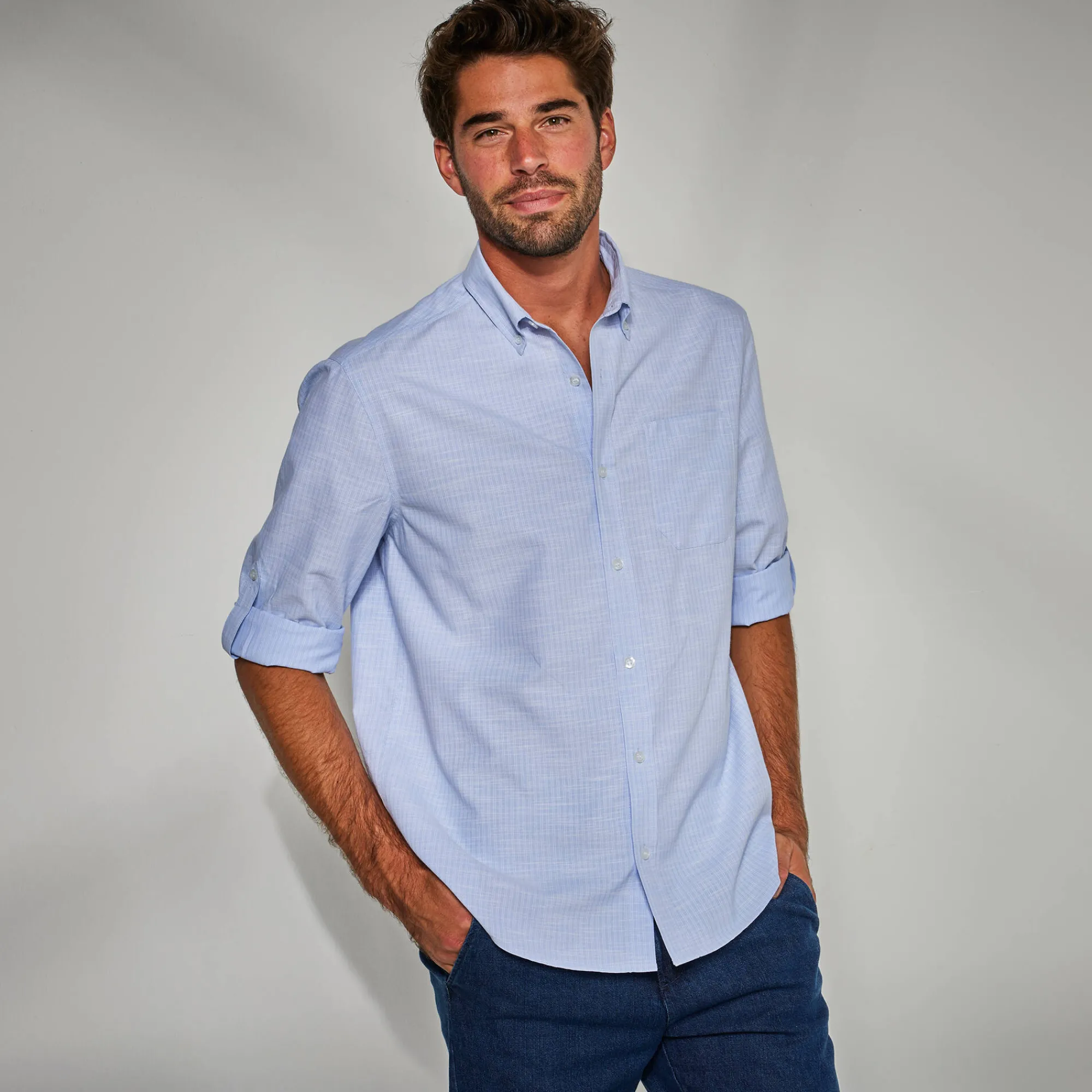 Feestoutfits Heren|T-Shirt, Hemd En Polo<Blancheporte Hemd met reliëfstrepen en oprolbare mouwen hemelsblauw
