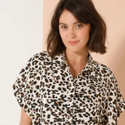 Jurk<Blancheporte Hemdjurk met korte mouwen, luipaardprint ecru / taupe