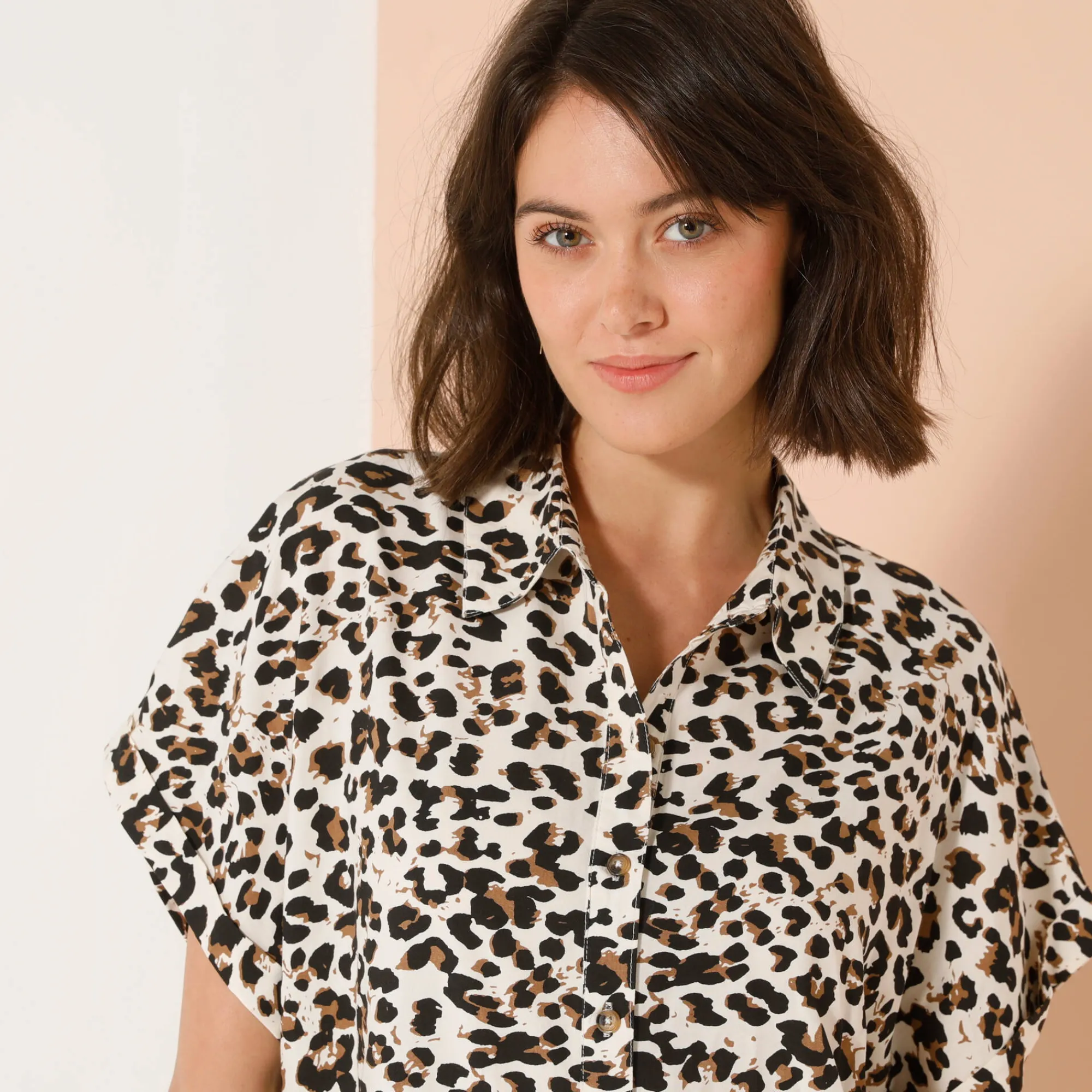 Jurk<Blancheporte Hemdjurk met korte mouwen, luipaardprint ecru / taupe
