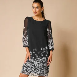 Feestoutfits Dames|Jurk<Lora Zellini Hoesjurk, voile met bloemenprint zwart / grijs