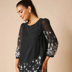 Feestoutfits Dames|Jurk<Lora Zellini Hoesjurk, voile met bloemenprint zwart / grijs