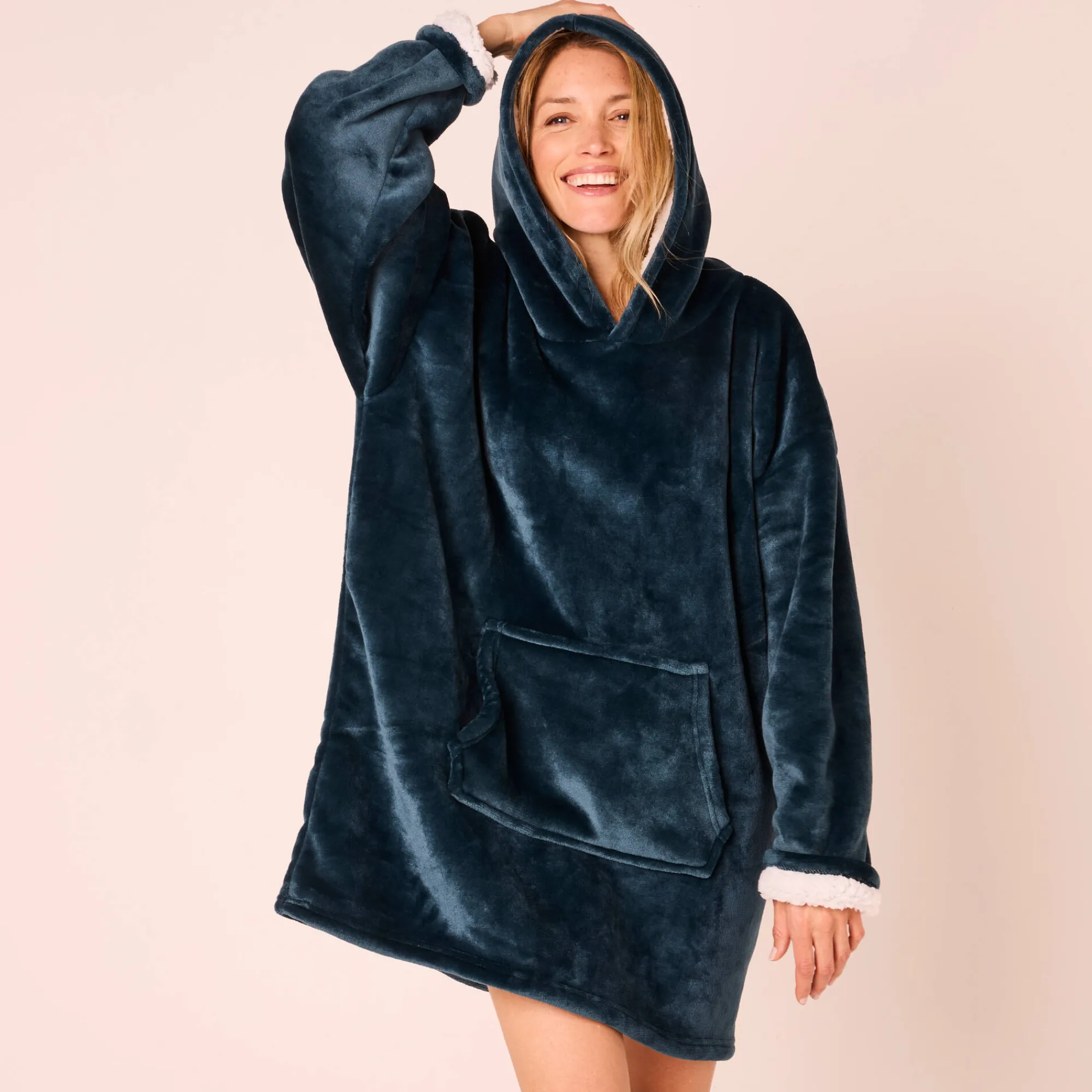 Plaid<Blancheporte Hoodie-plaid in fleece met kap en sherpavoering grijsblauw