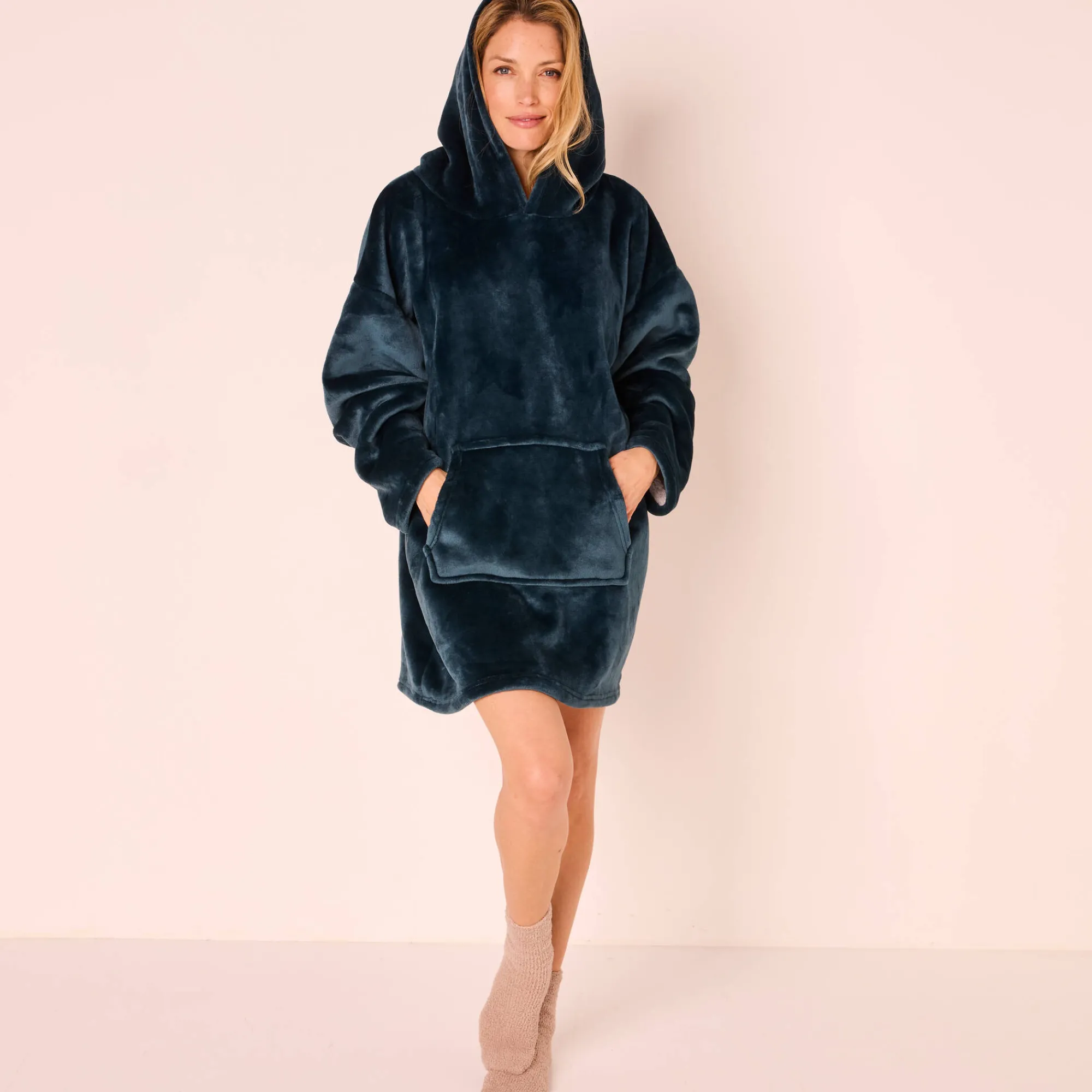 Plaid<Blancheporte Hoodie-plaid in fleece met kap en sherpavoering grijsblauw