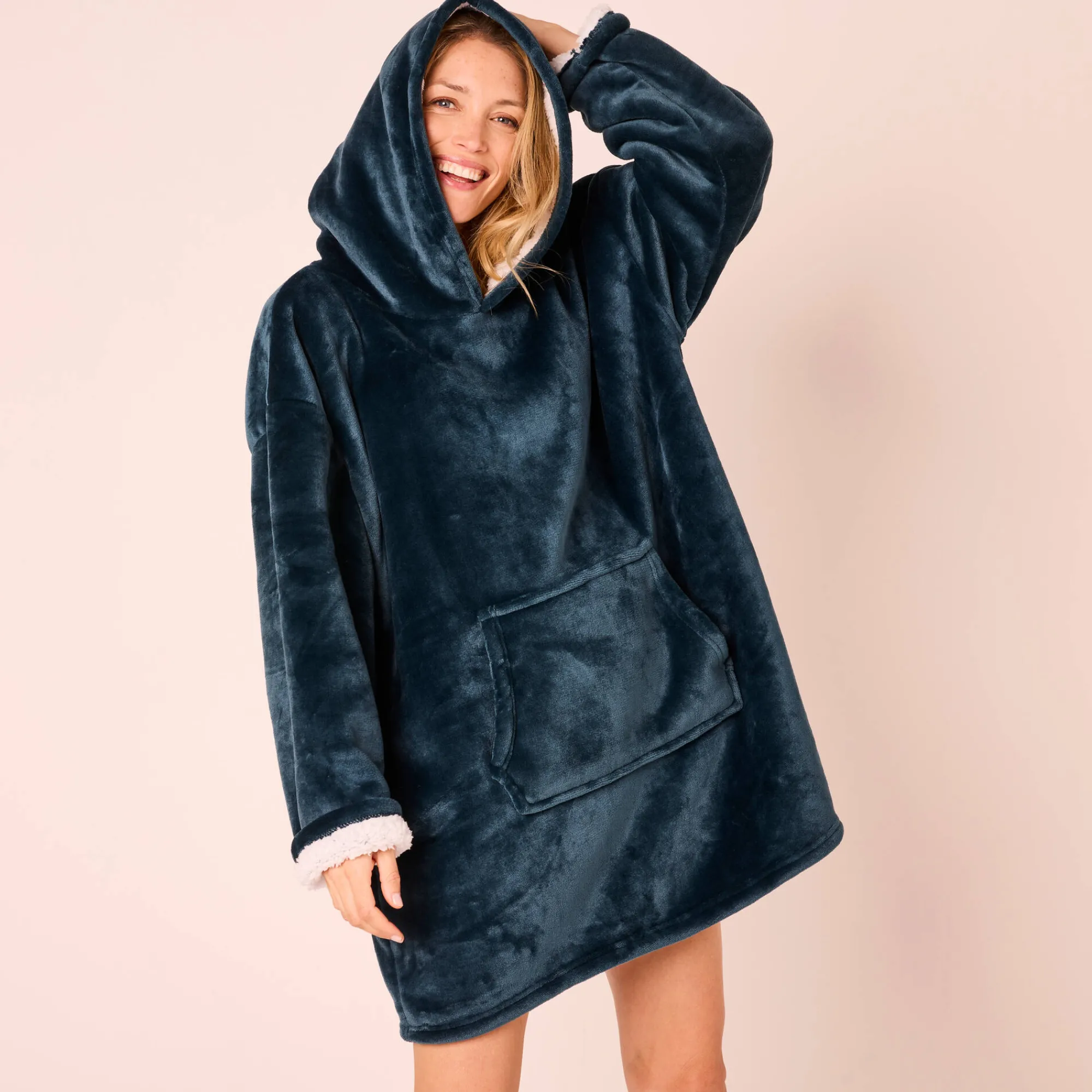 Plaid<Blancheporte Hoodie-plaid in fleece met kap en sherpavoering grijsblauw