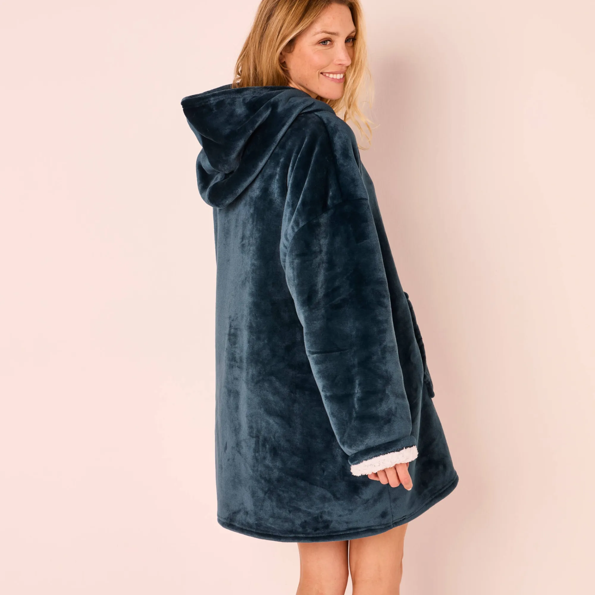 Plaid<Blancheporte Hoodie-plaid in fleece met kap en sherpavoering grijsblauw