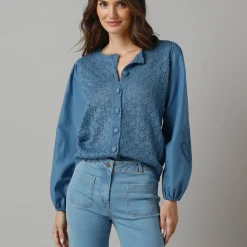 Trui En Vest<Lora Zellini 2-in-1 vest in 2 materialen, ajourtricot en geborduurde mouwen van katoen blauw