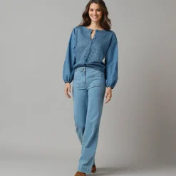 Trui En Vest<Lora Zellini 2-in-1 vest in 2 materialen, ajourtricot en geborduurde mouwen van katoen blauw