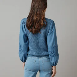 Trui En Vest<Lora Zellini 2-in-1 vest in 2 materialen, ajourtricot en geborduurde mouwen van katoen blauw
