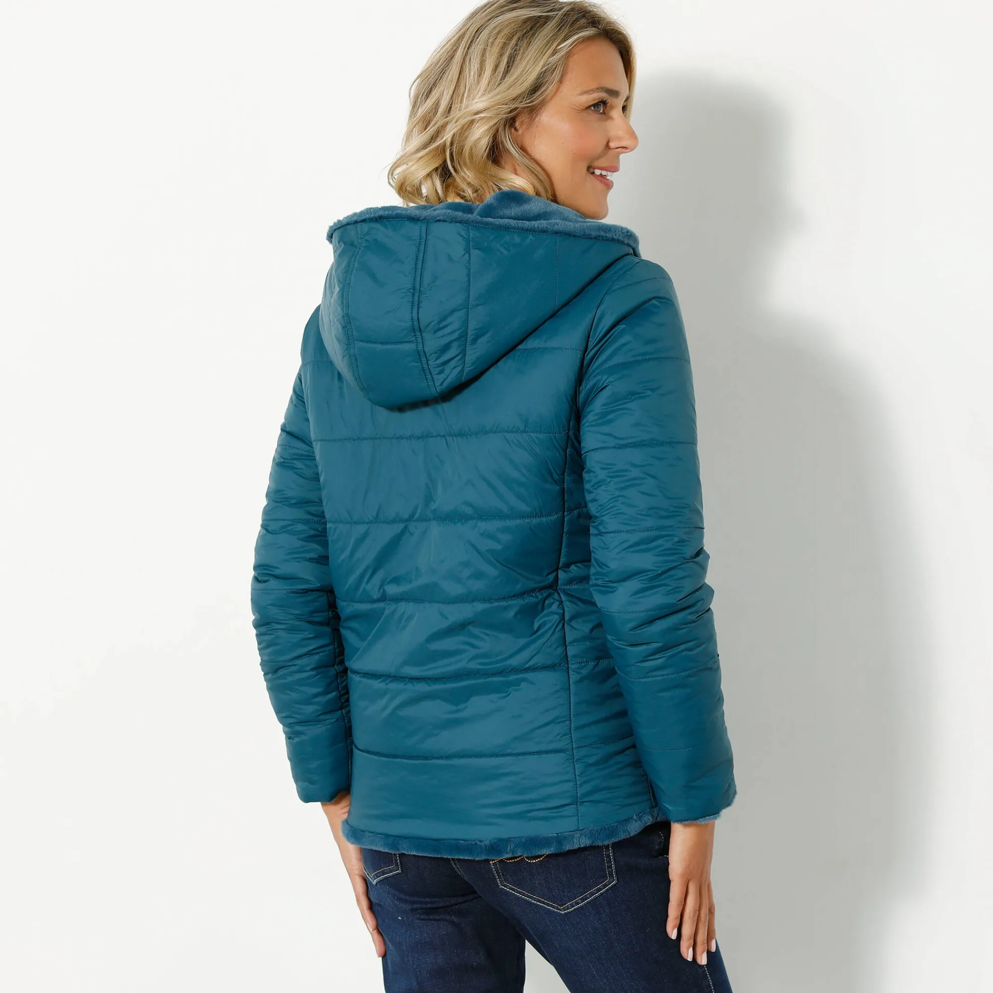 Parka En Donsjas<Blancheporte Jas in nepbont, omkeerbaar tot gewatteerde jas eendenblauw
