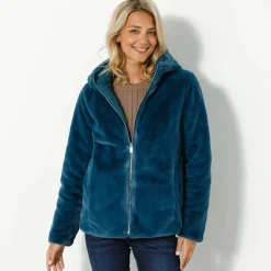 Parka En Donsjas<Blancheporte Jas in nepbont, omkeerbaar tot gewatteerde jas eendenblauw