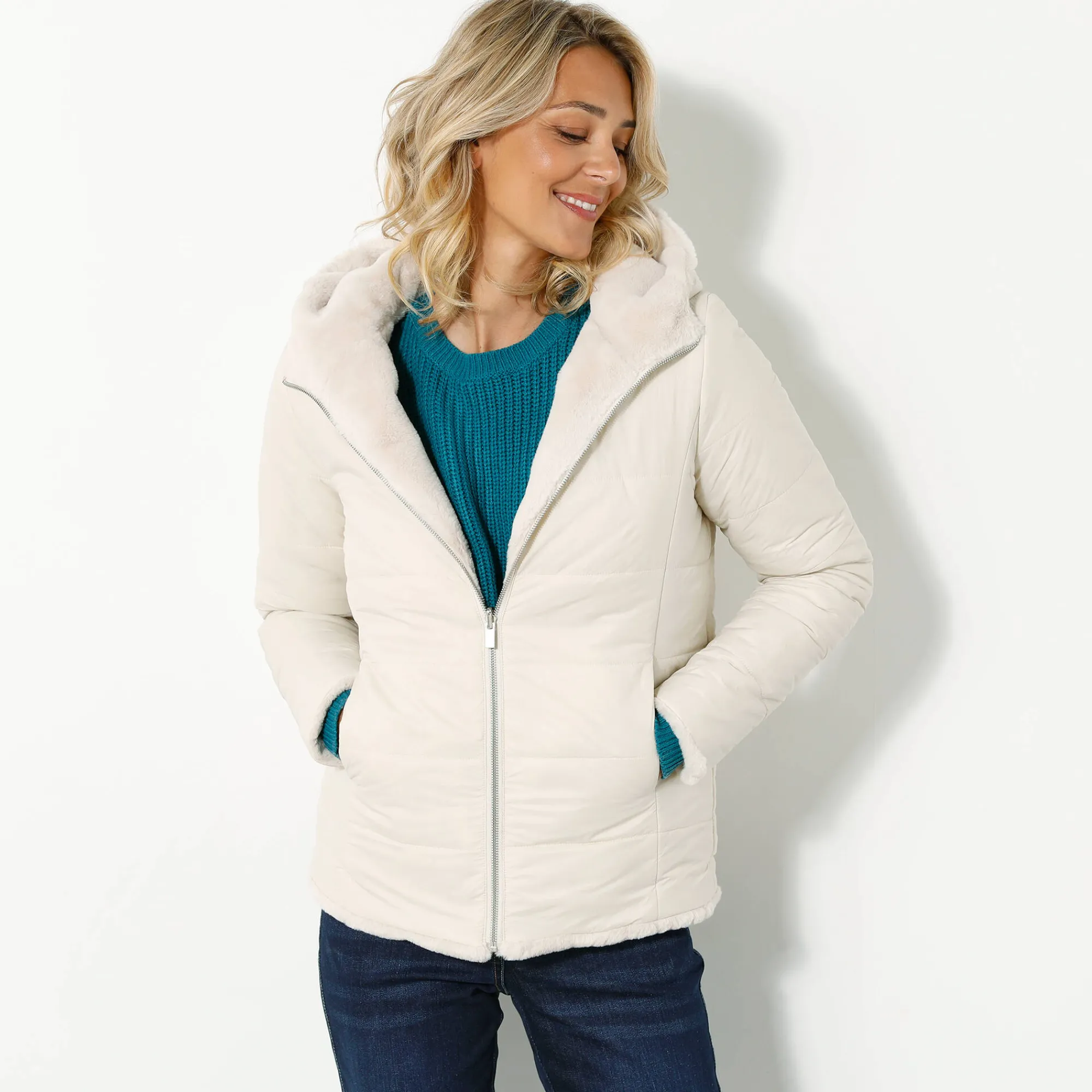 Parka En Donsjas<Blancheporte Jas in nepbont, omkeerbaar tot gewatteerde jas grijsbeige