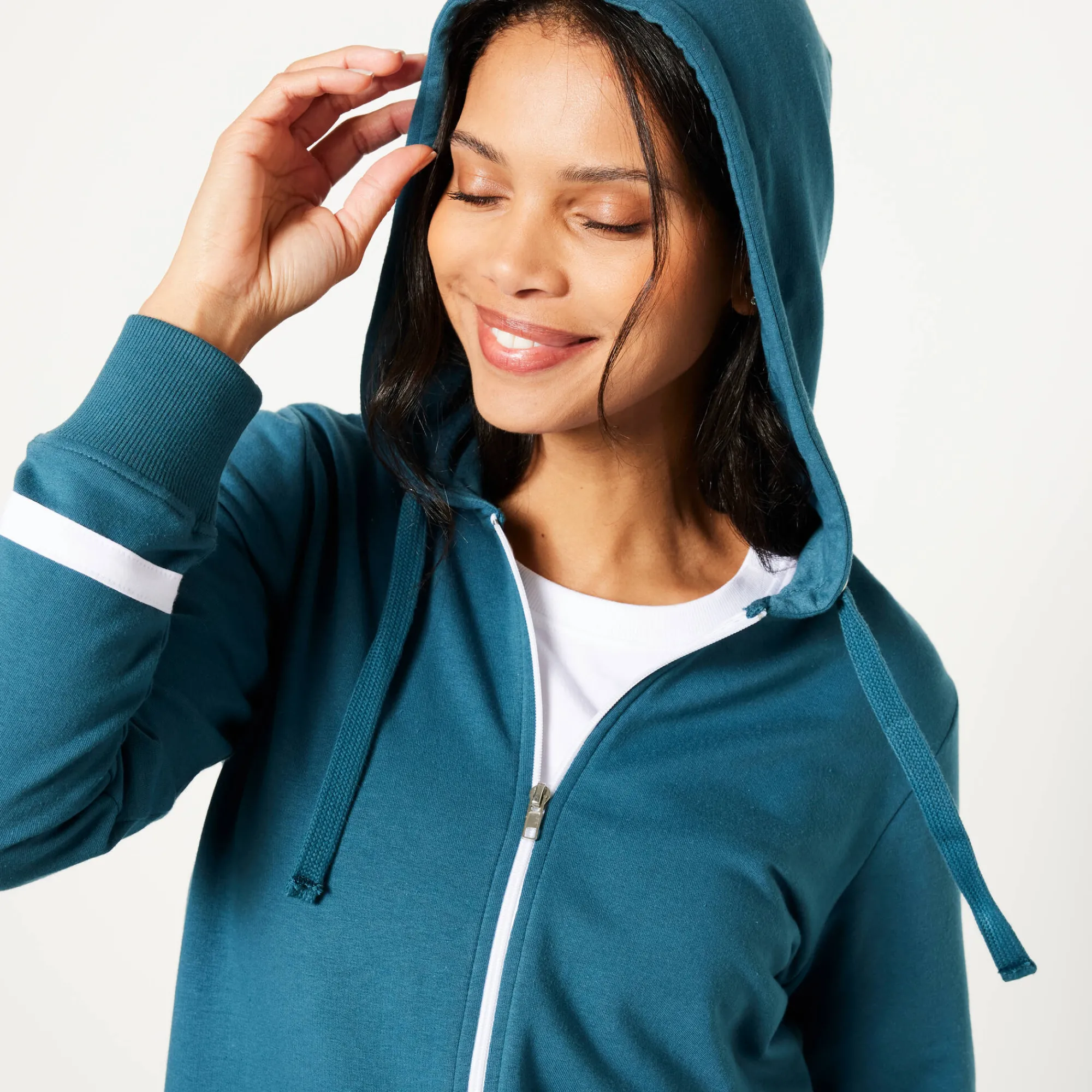 Trui En Vest<Blancheporte Jasje in geruwd molton met rits eendenblauw / wit