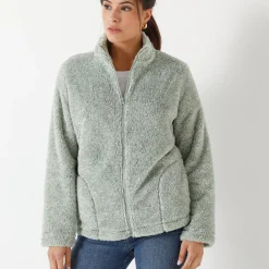 Trui En Vest<Outdoor Collection Jasje in pluchetricot chiné amandelgroen