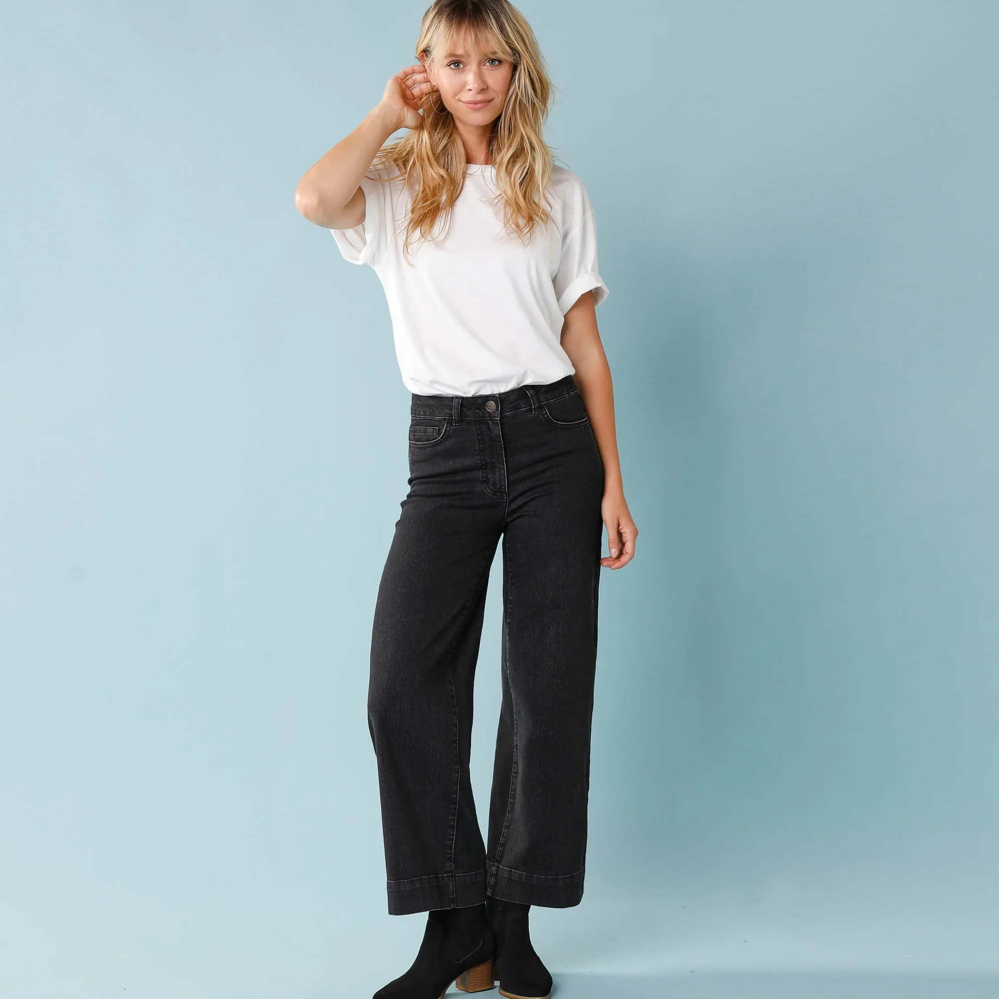 Jeans|Broek<Blancheporte Jeans met hoge taille, voor Kleine Lengtes, binnenpijplengte 65 cm, ruim 7/8-model zwart