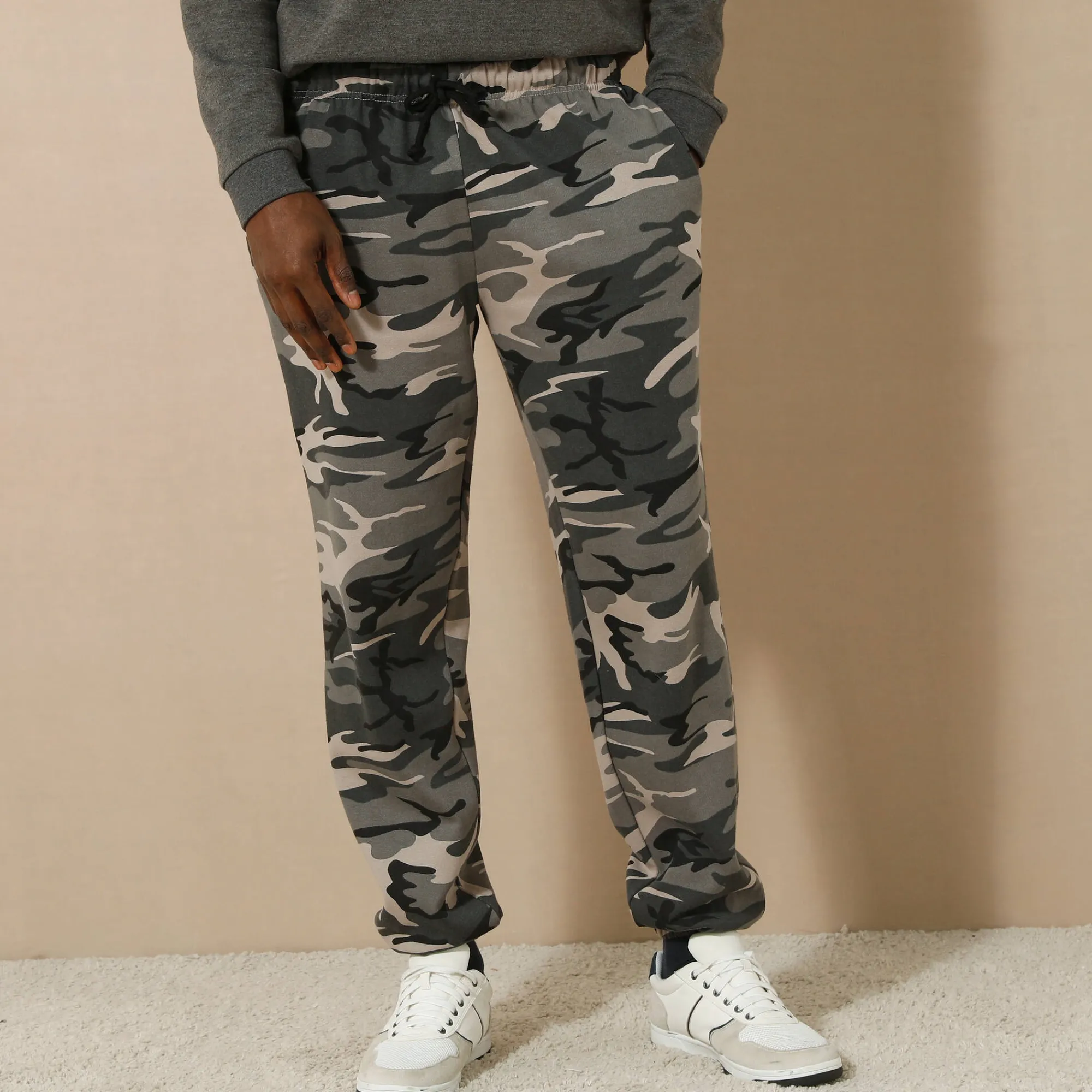 Broek<Blancheporte Joggingbroek in molton met elastische pijponderkanten camouflagegrijs