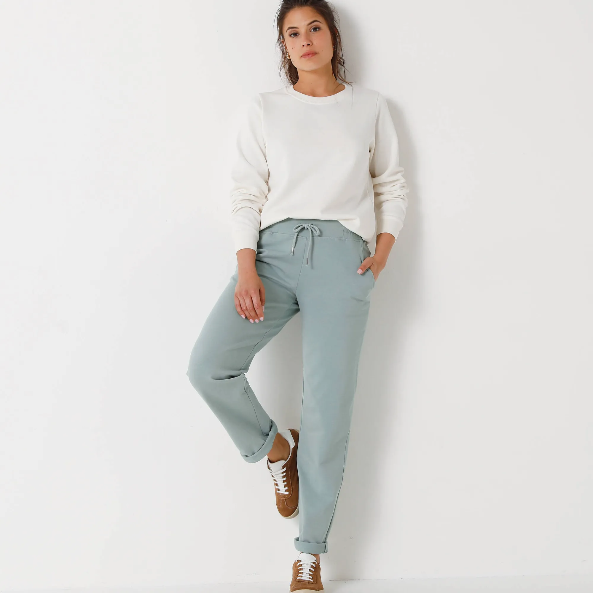 Broek<Blancheporte Joggpant in molton met elastische taille grijsgroen
