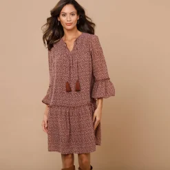 Jurk<Lora Zellini Jurk in bedrukte voile chocolade / beige
