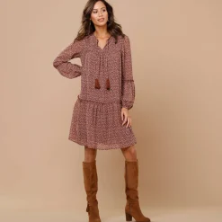 Jurk<Lora Zellini Jurk in bedrukte voile chocolade / beige