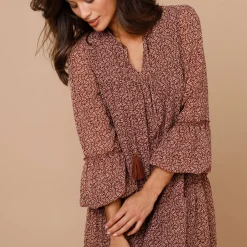 Jurk<Lora Zellini Jurk in bedrukte voile chocolade / beige