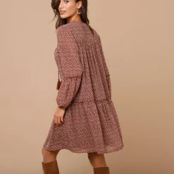 Jurk<Lora Zellini Jurk in bedrukte voile chocolade / beige