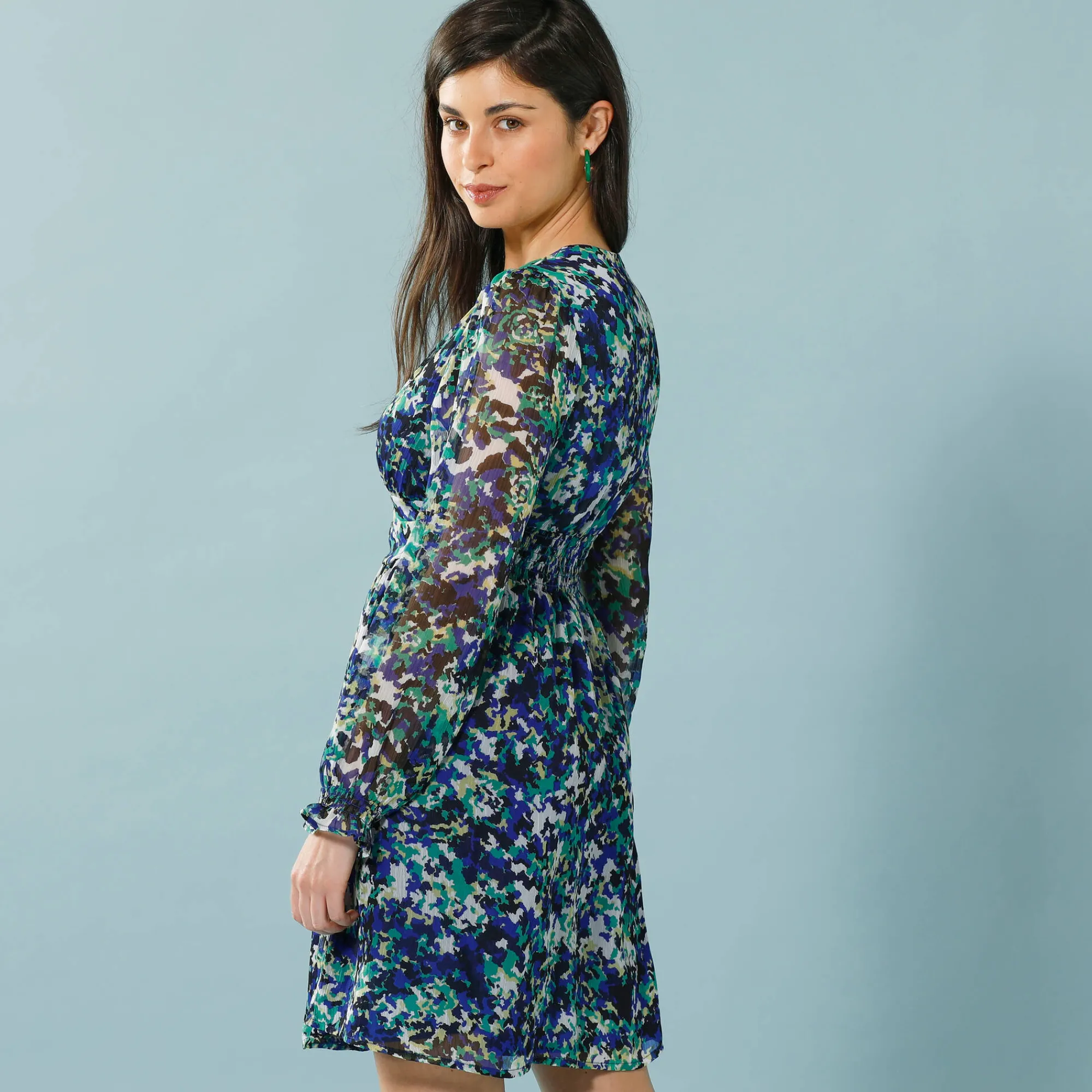 Jurk<Blancheporte Jurk in bedrukte voile, speciaal voor kleine lengtes marine / groen