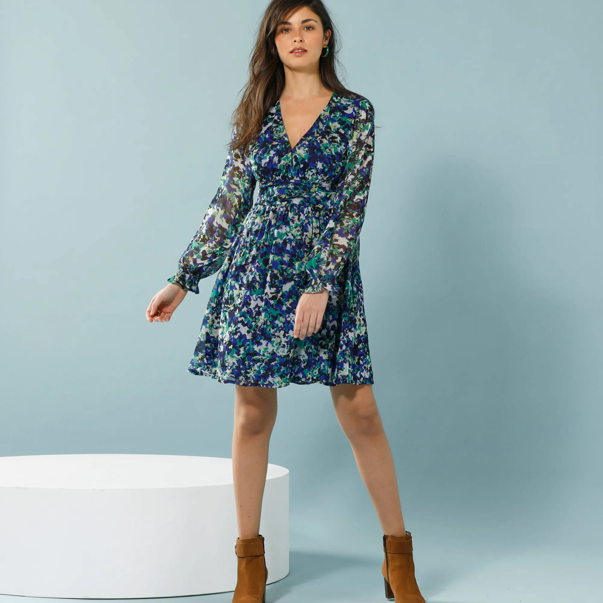 Jurk<Blancheporte Jurk in bedrukte voile, speciaal voor kleine lengtes marine / groen