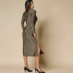 Feestoutfits Dames|Jurk<Blancheporte Jurk in glanzend tricot met lange mouwen, geknoopt detail zwart / goudkleurig