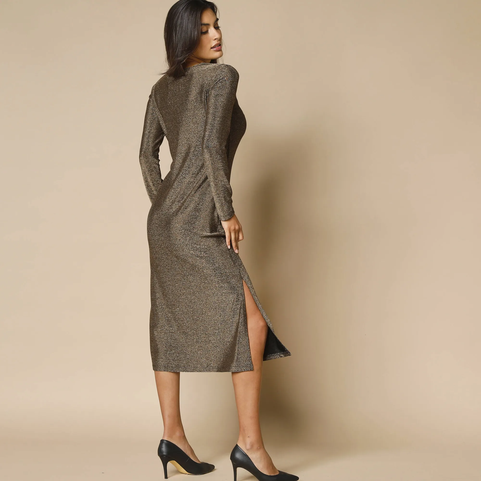 Feestoutfits Dames|Jurk<Blancheporte Jurk in glanzend tricot met lange mouwen, geknoopt detail zwart / goudkleurig
