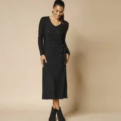 Feestoutfits Dames|Jurk<Blancheporte Jurk in glanzend tricot met lange mouwen, geknoopt detail zwart / zwart