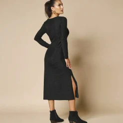 Feestoutfits Dames|Jurk<Blancheporte Jurk in glanzend tricot met lange mouwen, geknoopt detail zwart / zwart