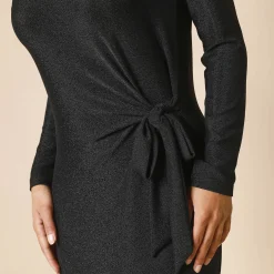 Feestoutfits Dames|Jurk<Blancheporte Jurk in glanzend tricot met lange mouwen, geknoopt detail zwart / zwart
