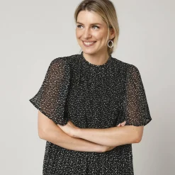 Feestoutfits Dames|Jurk<Blancheporte Jurk in plissévoile met stippenprint, 'vlinder' mouwen zwart / wit