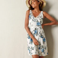 Jurk<Blancheporte Jurk met bloemenprint en macramé ecru / blauw