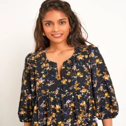 Jurk<Blancheporte Jurk met bloezende mouwen, bloemenprint zwart / honing