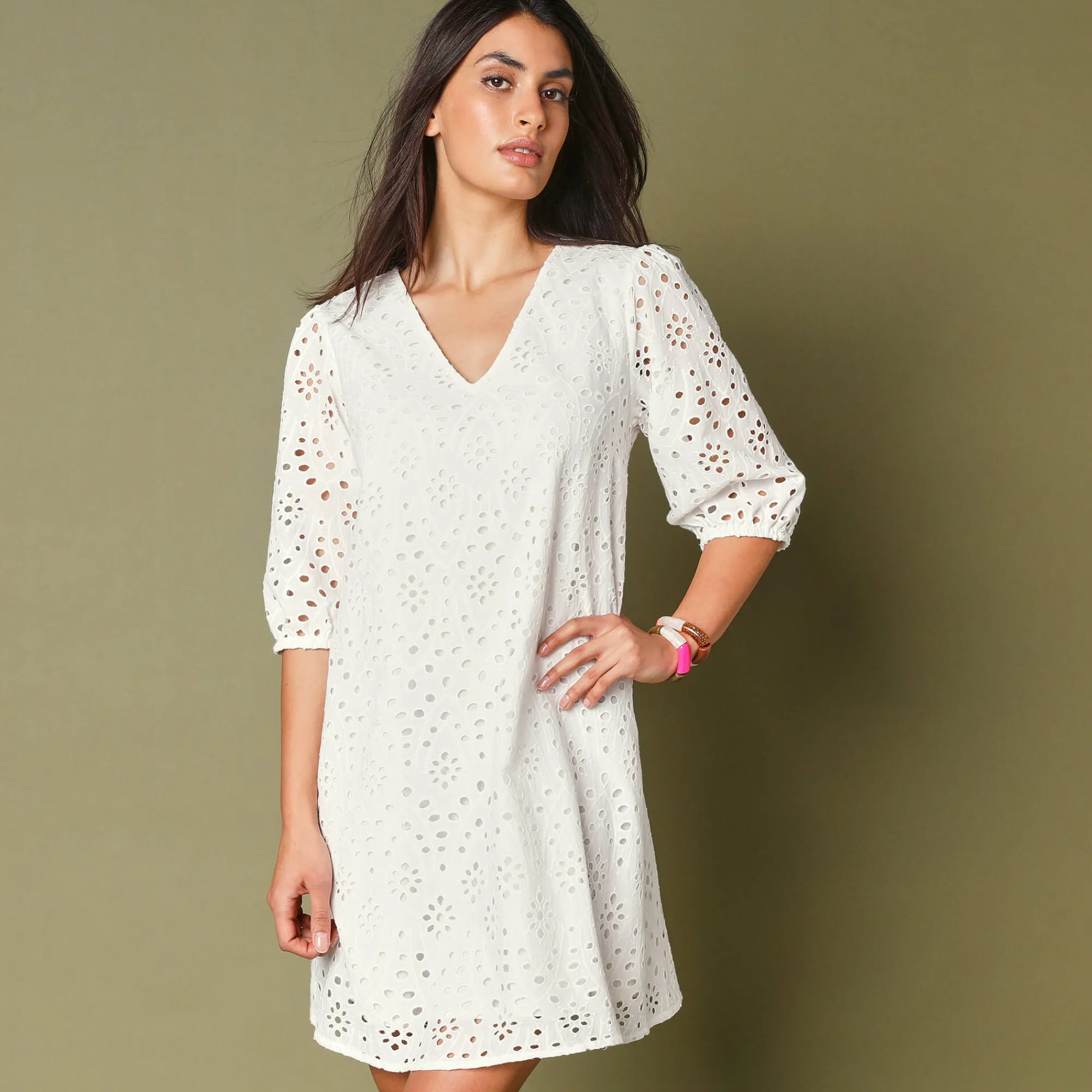 Jurk<Blancheporte Jurk met broderie anglaise en 3/4-mouwen wit