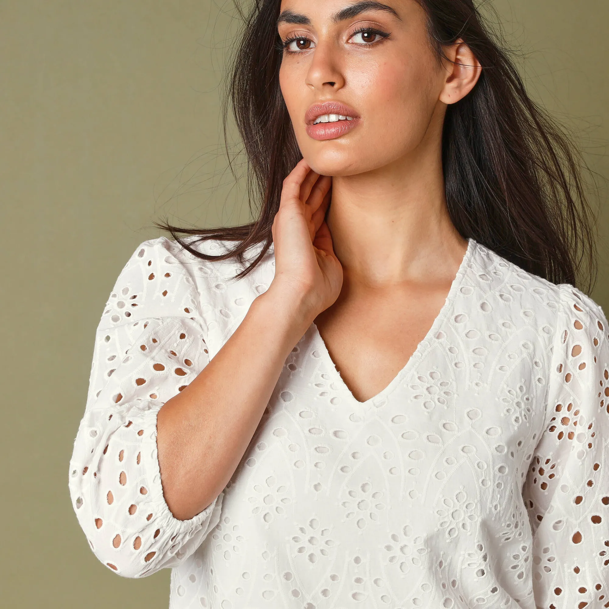 Jurk<Blancheporte Jurk met broderie anglaise en 3/4-mouwen wit