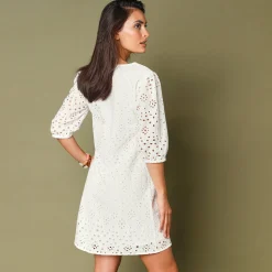 Jurk<Blancheporte Jurk met broderie anglaise en 3/4-mouwen wit