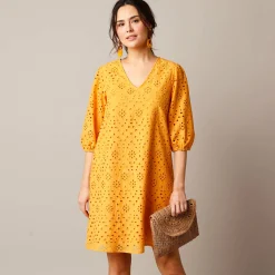 Jurk<Blancheporte Jurk met broderie anglaise en 3/4-mouwen saffraangeel