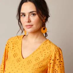 Jurk<Blancheporte Jurk met broderie anglaise en 3/4-mouwen saffraangeel