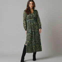 Feestoutfits Dames|Jurk<Lora Zellini Jurk met lange mouwen en strookdetails, bedrukte jacquardvoile zwart / groen