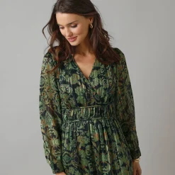 Feestoutfits Dames|Jurk<Lora Zellini Jurk met lange mouwen en strookdetails, bedrukte jacquardvoile zwart / groen