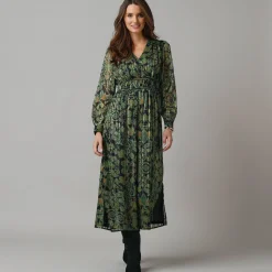 Feestoutfits Dames|Jurk<Lora Zellini Jurk met lange mouwen en strookdetails, bedrukte jacquardvoile zwart / groen