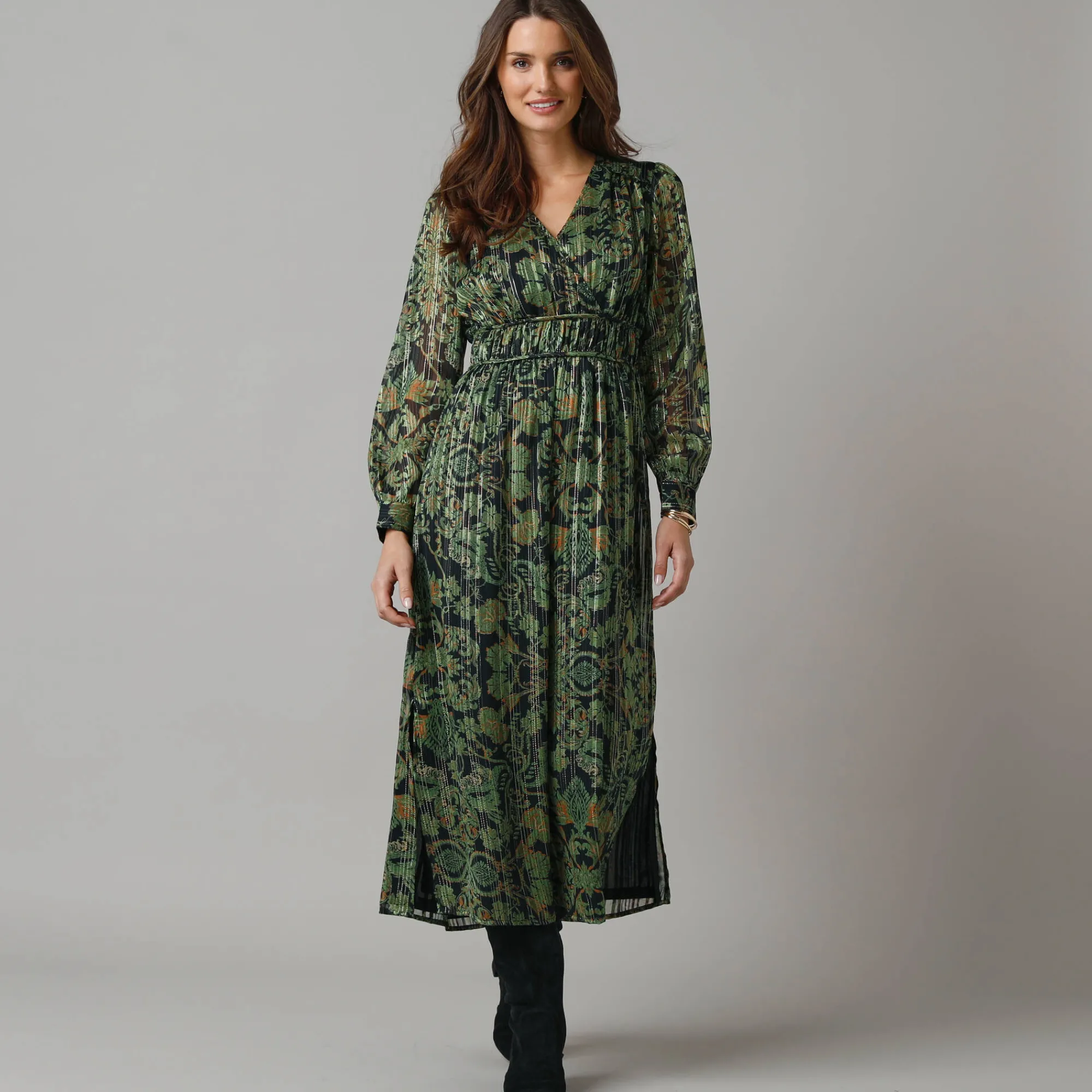 Feestoutfits Dames|Jurk<Lora Zellini Jurk met lange mouwen en strookdetails, bedrukte jacquardvoile zwart / groen